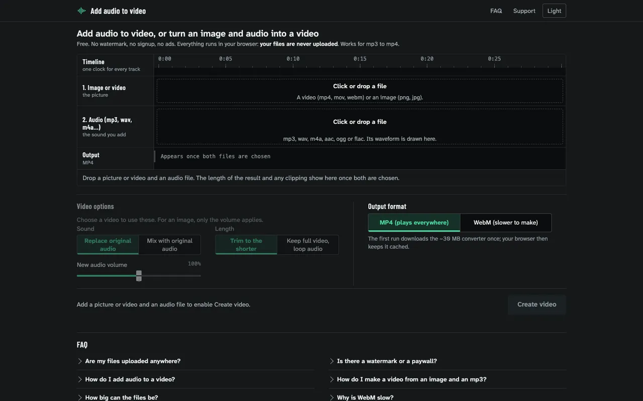 Add audio to video: Empty state, dark theme