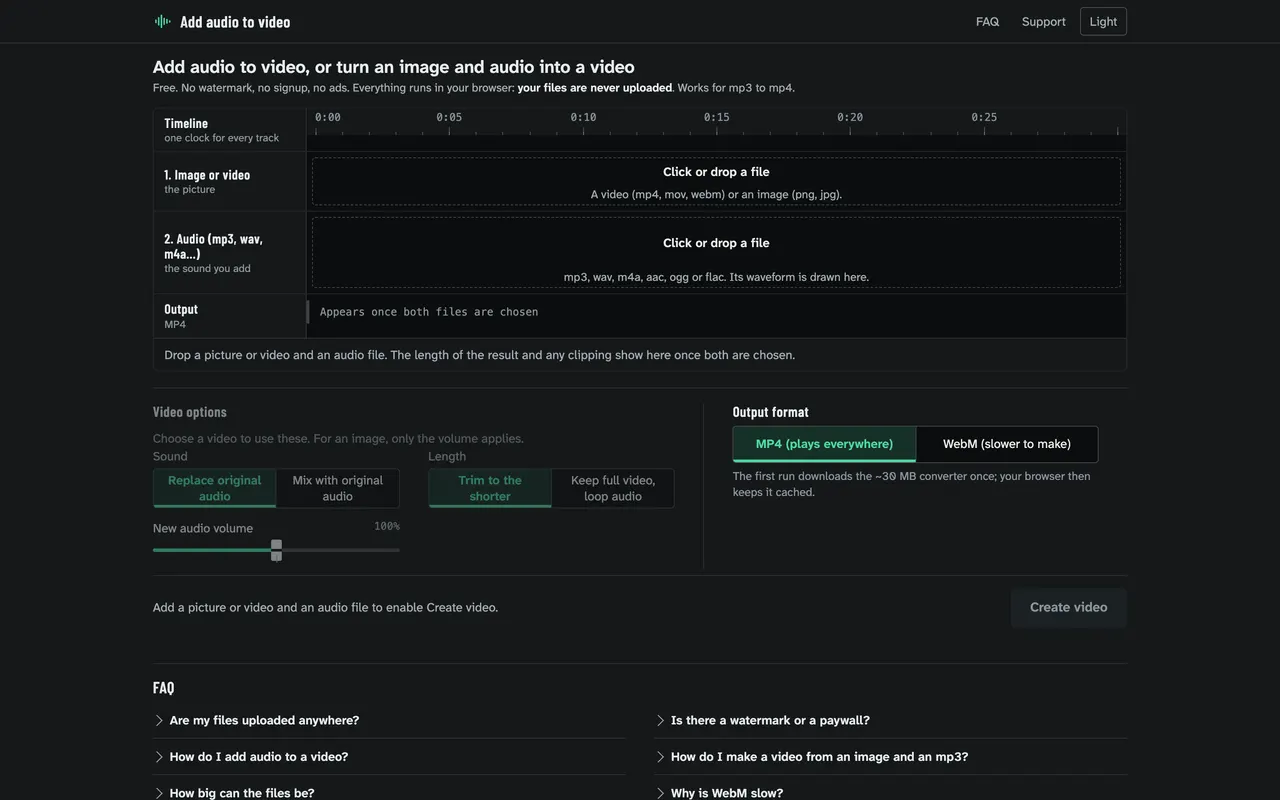 Add audio to video: First screen: empty timeline, dark theme