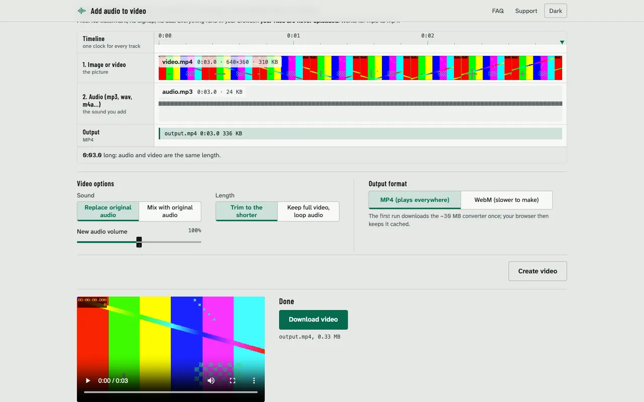 Add audio to video: After Create video: preview and download