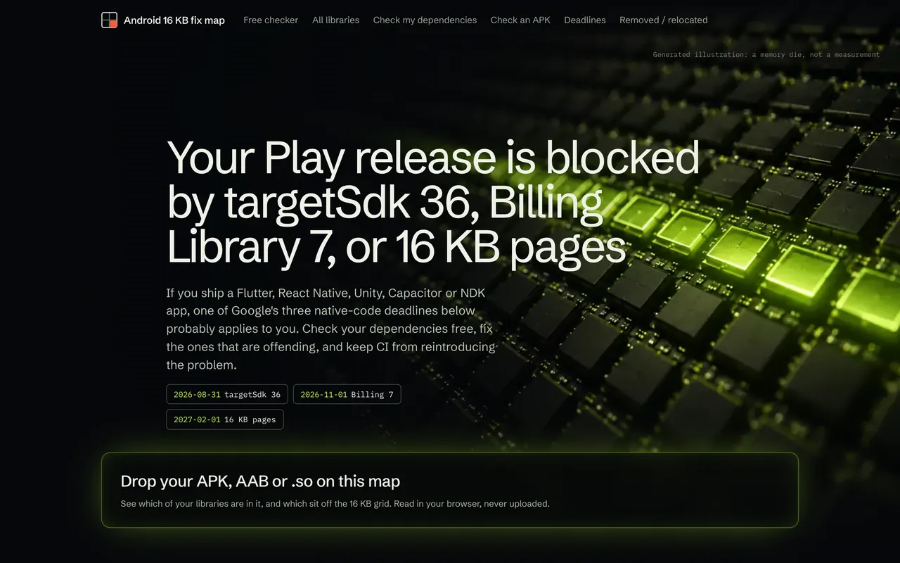 Android 16 KB fix map, first screen at 1440 pixels wide